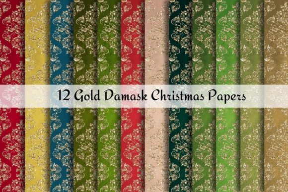 Christmas Gold Damask Digital Papers and Patterns