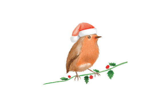 Christmassy Watercolor Robin and Christmas